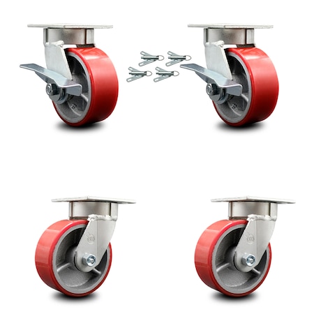 Service Caster 5 Inch Kingpinless Red Poly on Steel Wheel Caster Swivel Locks 2 Brakes, 4PK SCC-KP30S520-PUR-RS-SLB-BSL-2-BSL-2